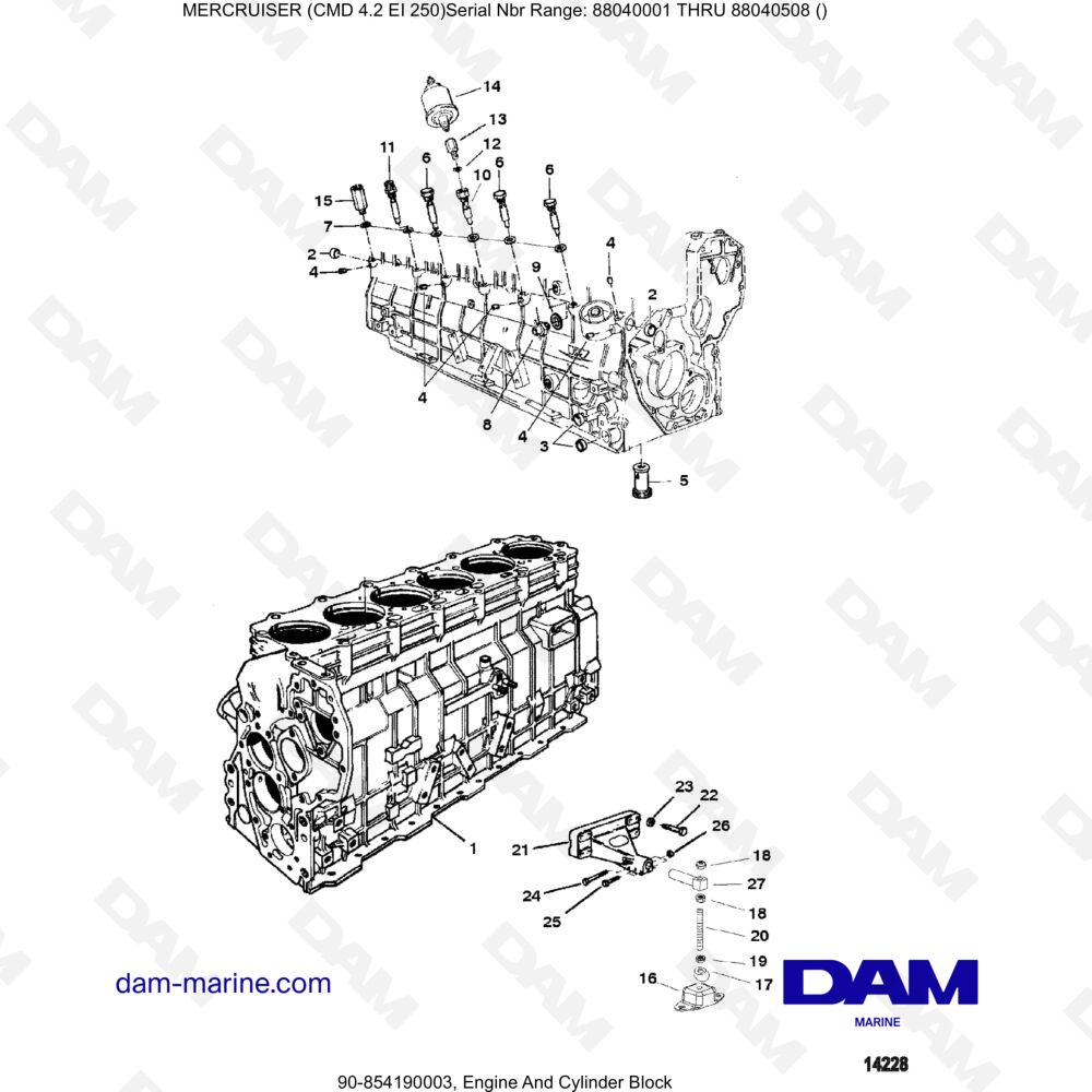 Vue éclatée ENGINE BLOCK AND CYLINDERS pour moteur MERCRUISER CMD 4.2 EI 250