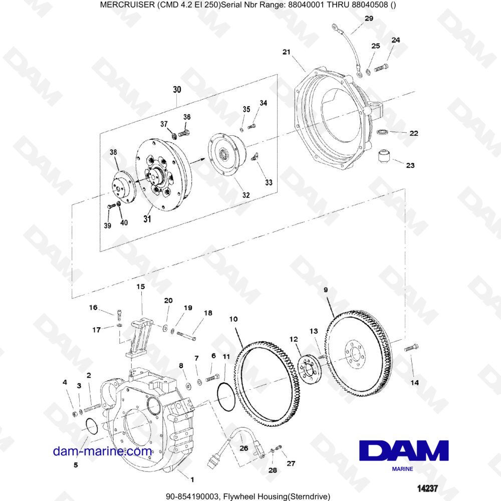Vue éclatée FLYWHEEL HOUSING (OFF-OUT DRIVE) pour moteur MERCRUISER CMD 4.2 EI 250