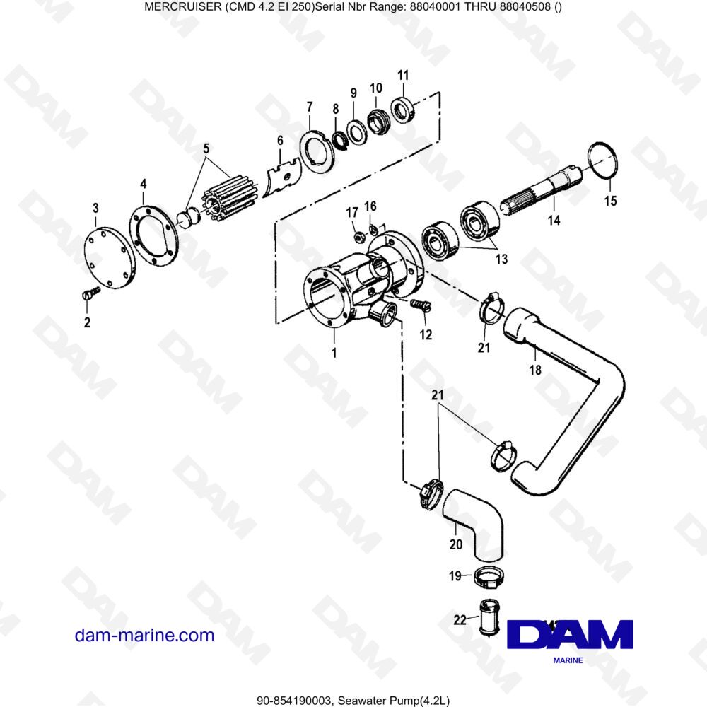 Vue éclatée 4.2 L Seawater Pump pour moteur MERCRUISER CMD 4.2 EI 250