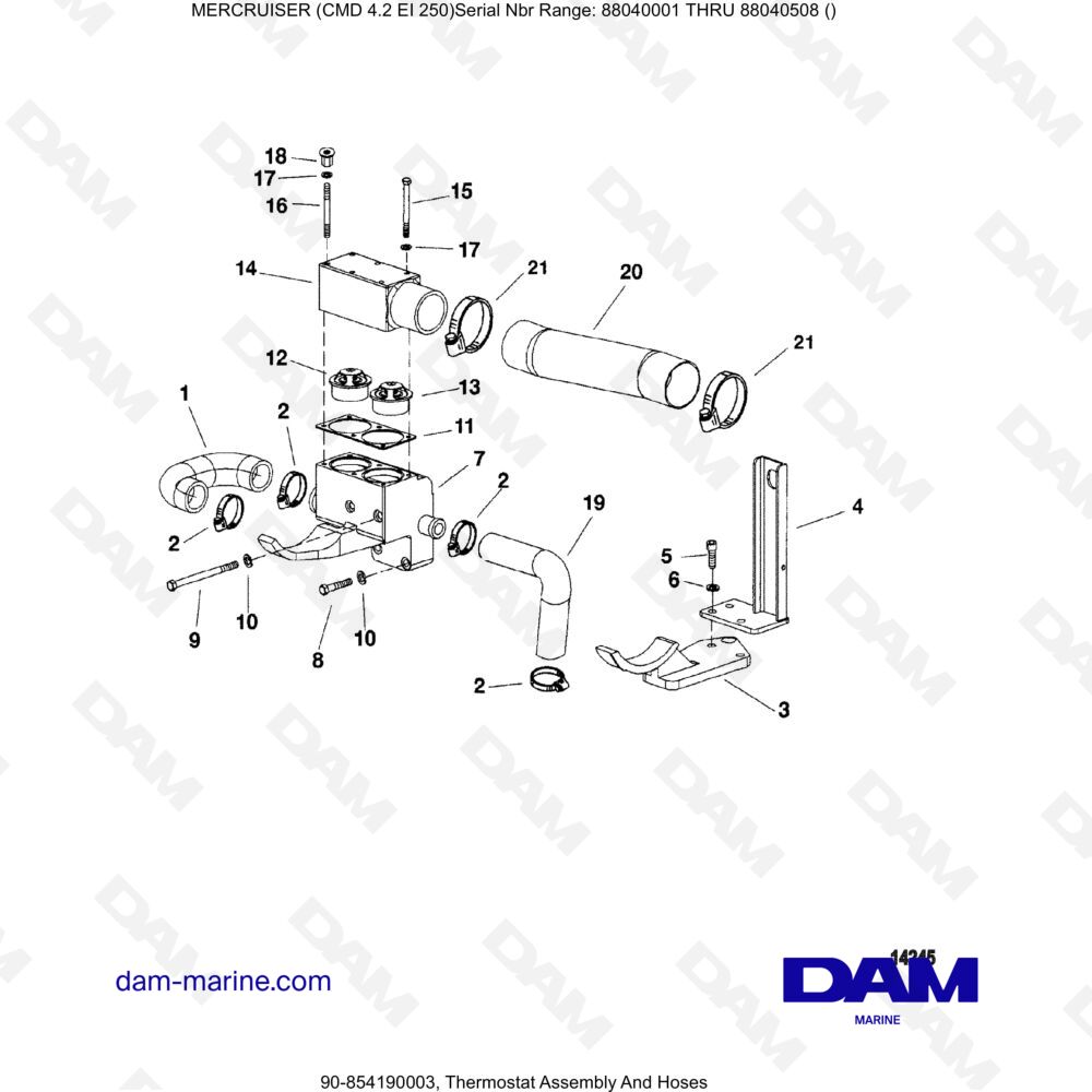 Vue éclatée THERMOSTAT AND HOSES ASSEMBLY pour moteur MERCRUISER CMD 4.2 EI 250