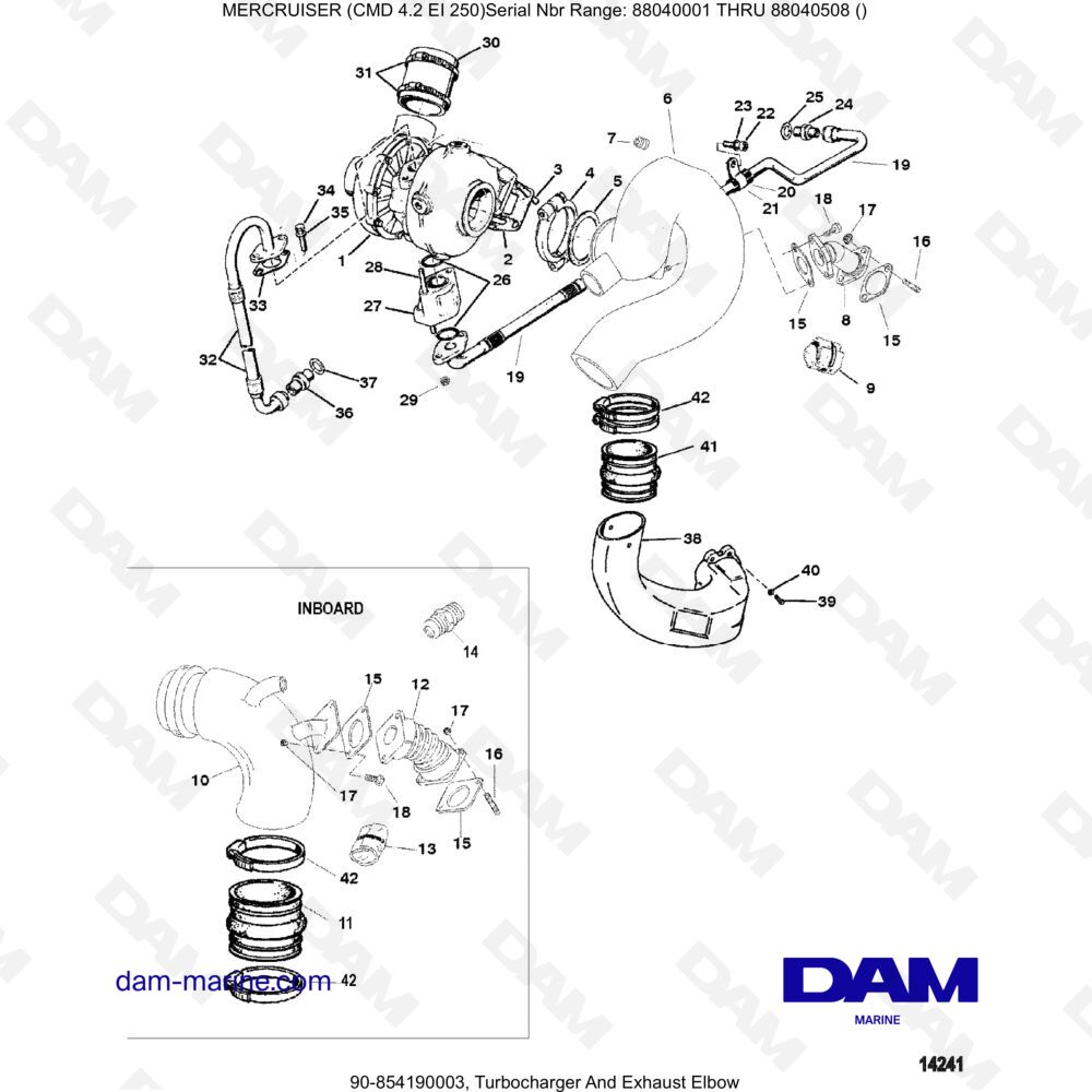 Vue éclatée TURBOCHARGER AND EXHAUST ELBOW pour moteur MERCRUISER CMD 4.2 EI 250
