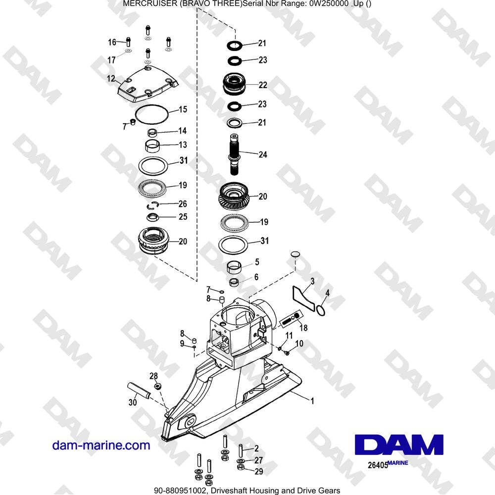 Vue éclatée HAUT D'EMBASE pour moteur MERCRUISER BRAVO 3