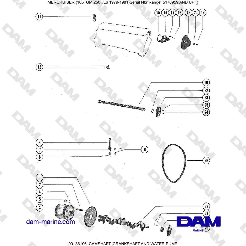 Vue éclatée CAMSHAFT, CRANKSHAFT AND WATER PUMP pour moteur Mercruiser 165