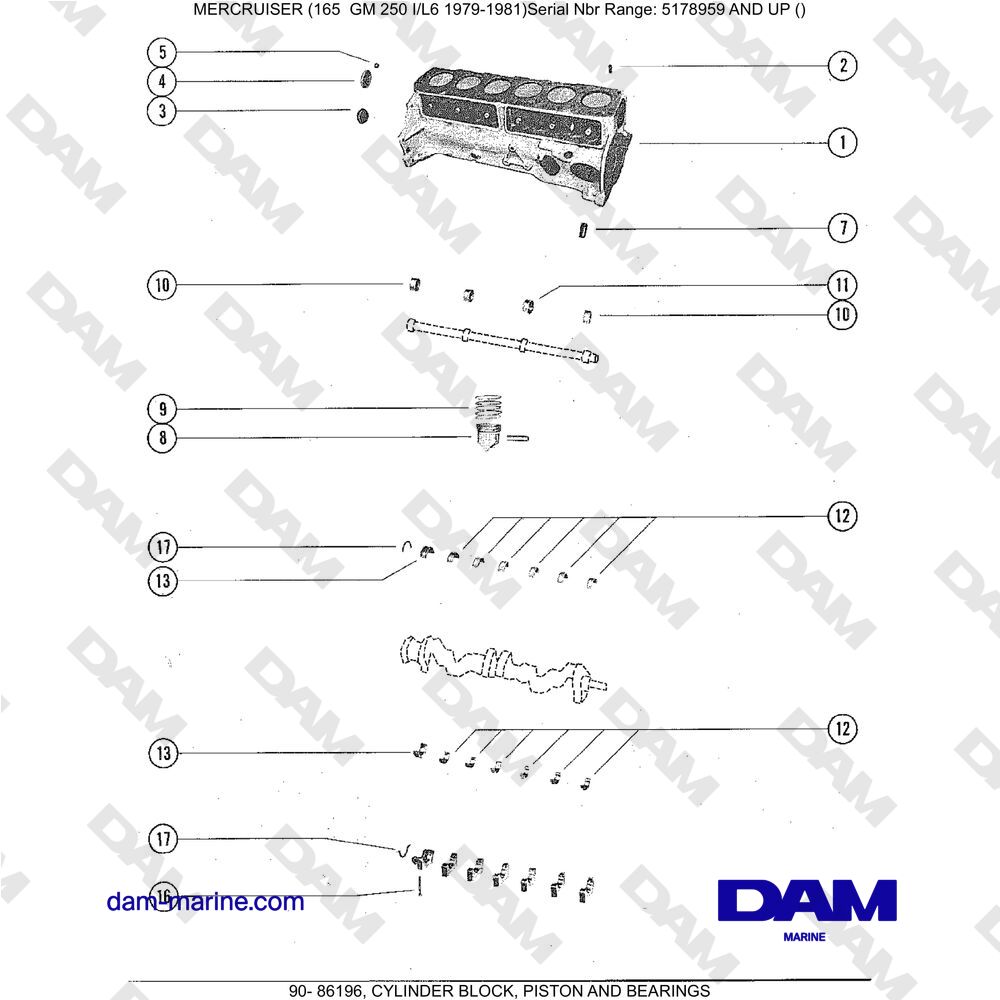Vue éclatée CYLINDER BLOCK, PISTON AND BEARINGS pour moteur Mercruiser 165