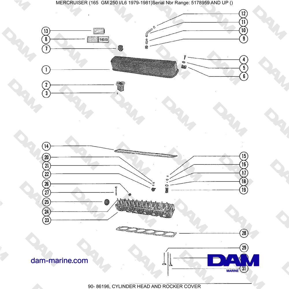 Vue éclatée CYLINDER HEAD AND ROCKER COVER pour moteur Mercruiser 165