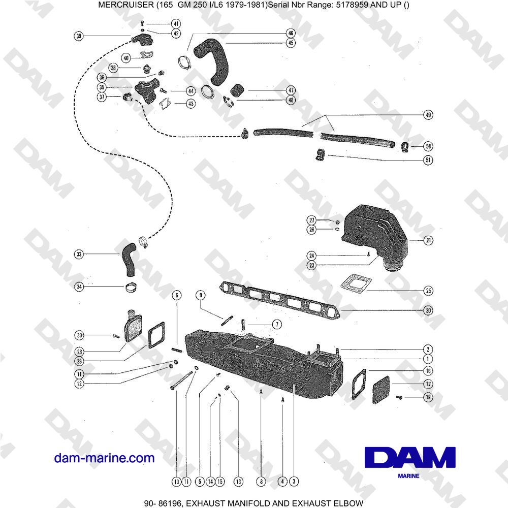 Vue éclatée EXHAUST MANIFOLD AND EXHAUST ELBOW pour moteur Mercruiser 165