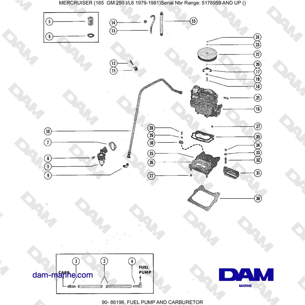 Vue éclatée FUEL PUMP AND CARBURETOR pour moteur Mercruiser 165