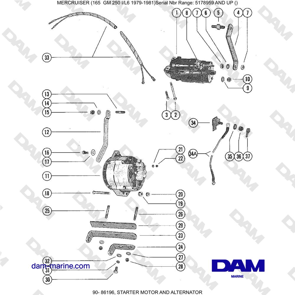 Vue éclatée STARTER AND ALTERNATOR pour moteur Mercruiser 165