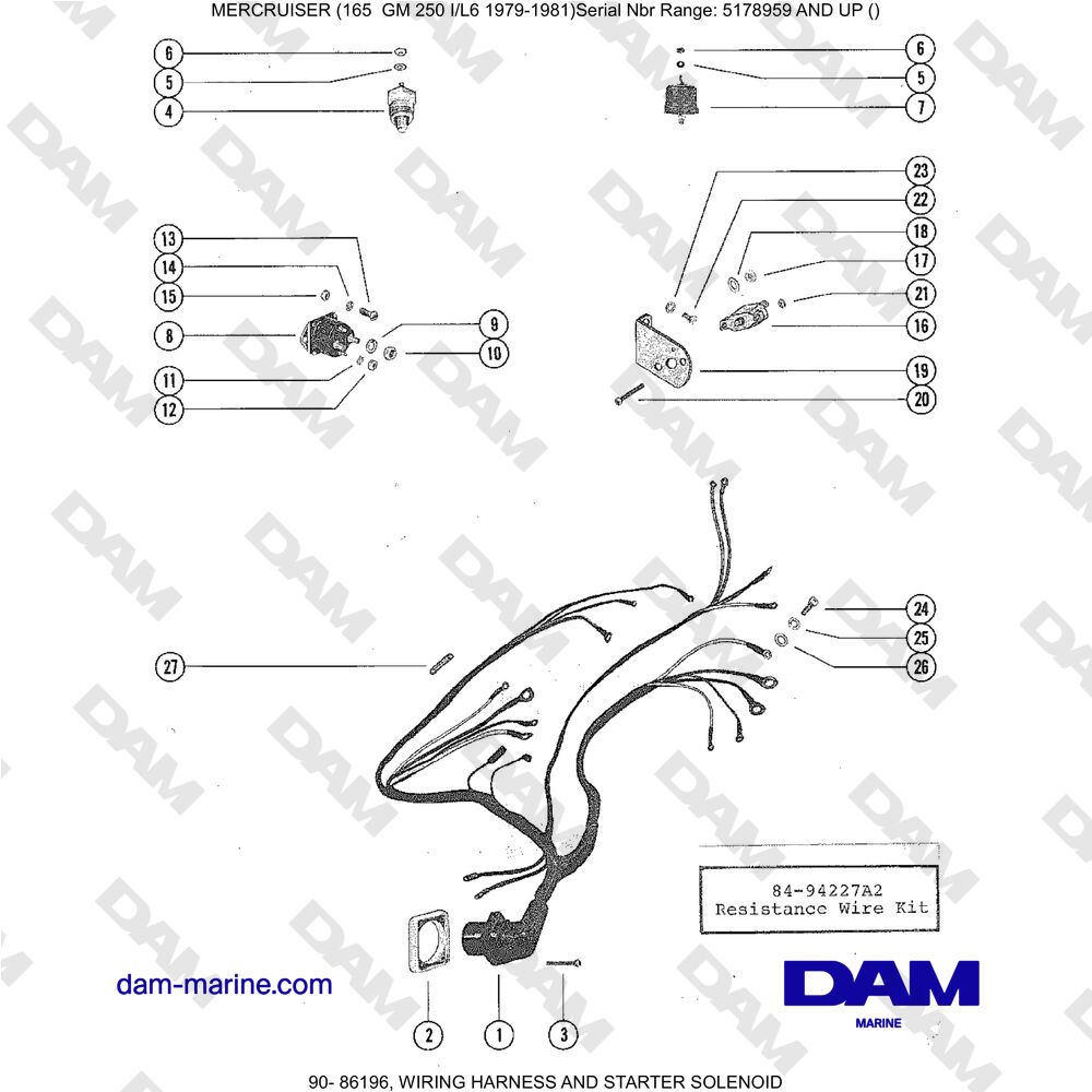 Vue éclatée STARTER WIRING HARNESS AND SOLENOID pour moteur Mercruiser 165
