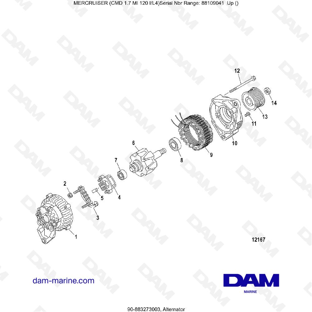 Vue éclatée ALTERNATOR pour moteur MERCRUISER CMD 1.7L MI 120
