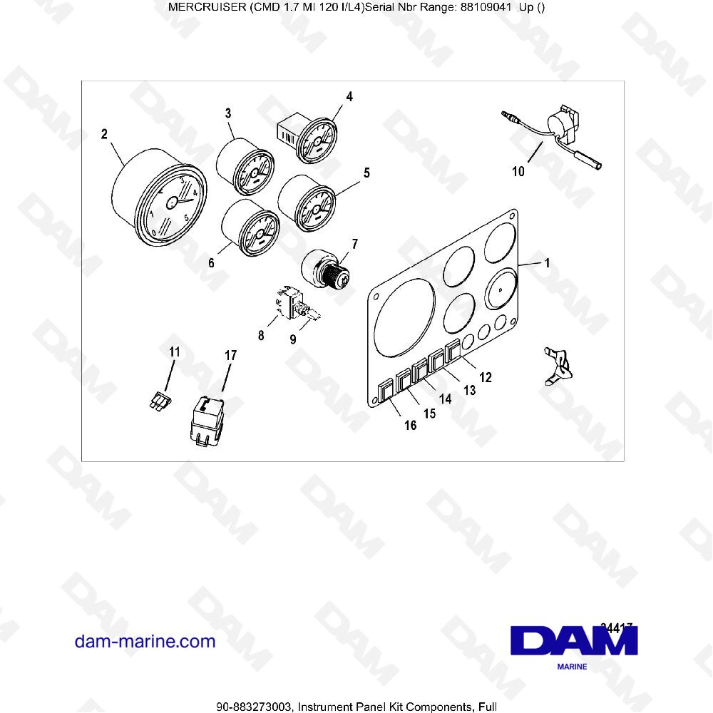 Vue éclatée COMPLETE DASHBOARD KIT COMPONENTS pour moteur MERCRUISER CMD 1.7L MI 120