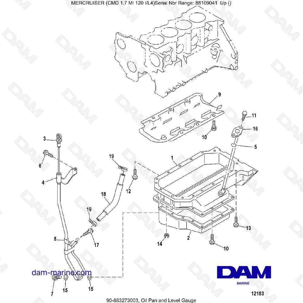 Vue éclatée OIL PAN AND LEVEL DIP GAUGE pour moteur MERCRUISER CMD 1.7L MI 120