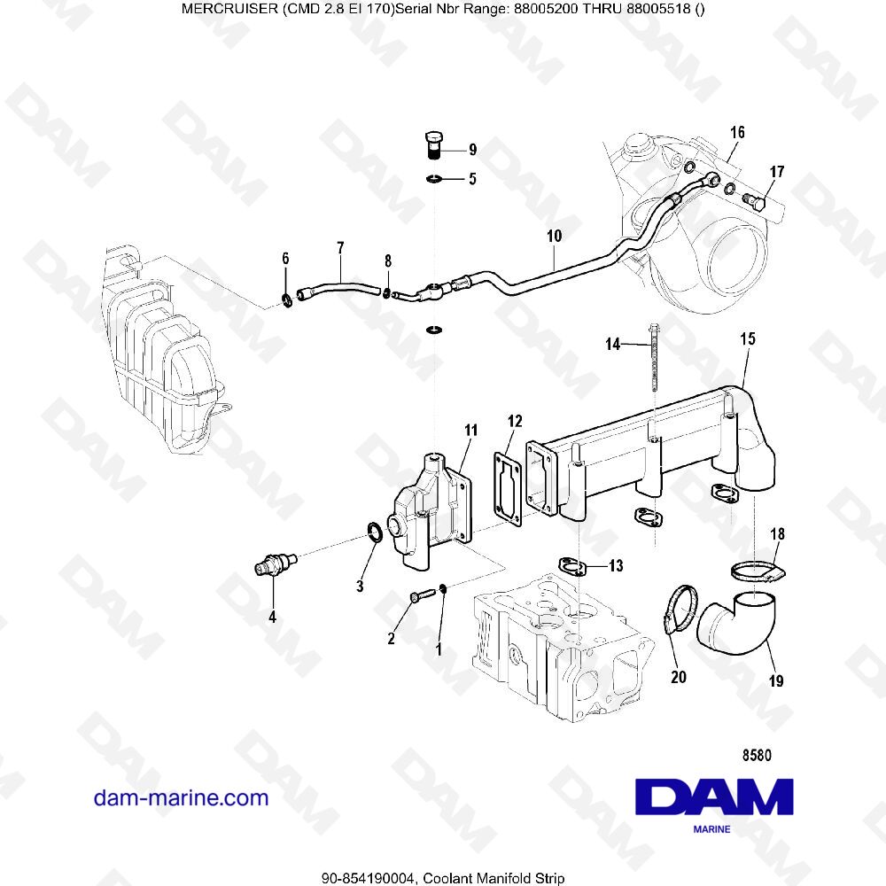 Vue éclatée COOLANT COLLECTOR STRIP pour moteur MERCRUISER CMD 2.8 ES 170