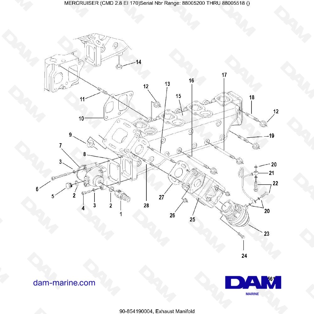 Vue éclatée EXHAUST MANIFOLD pour moteur MERCRUISER CMD 2.8 ES 170