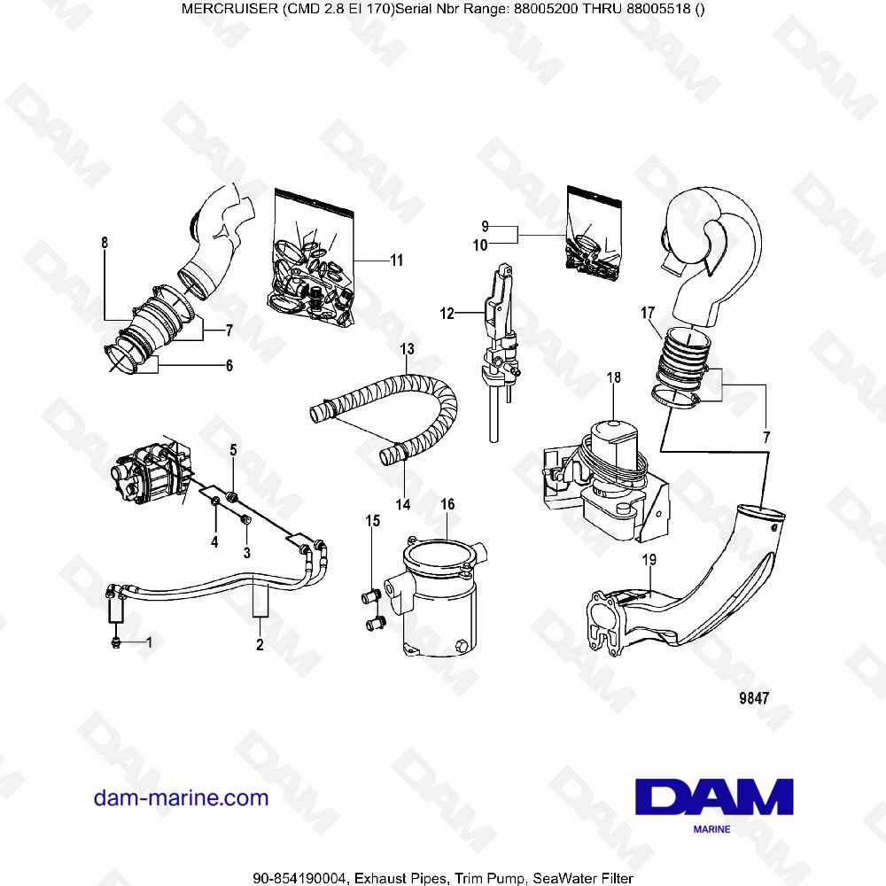 Vue éclatée EXHAUST PIPES, SORTING PUMP AND SEAWATER FILTER pour moteur MERCRUISER CMD 2.8 ES 170