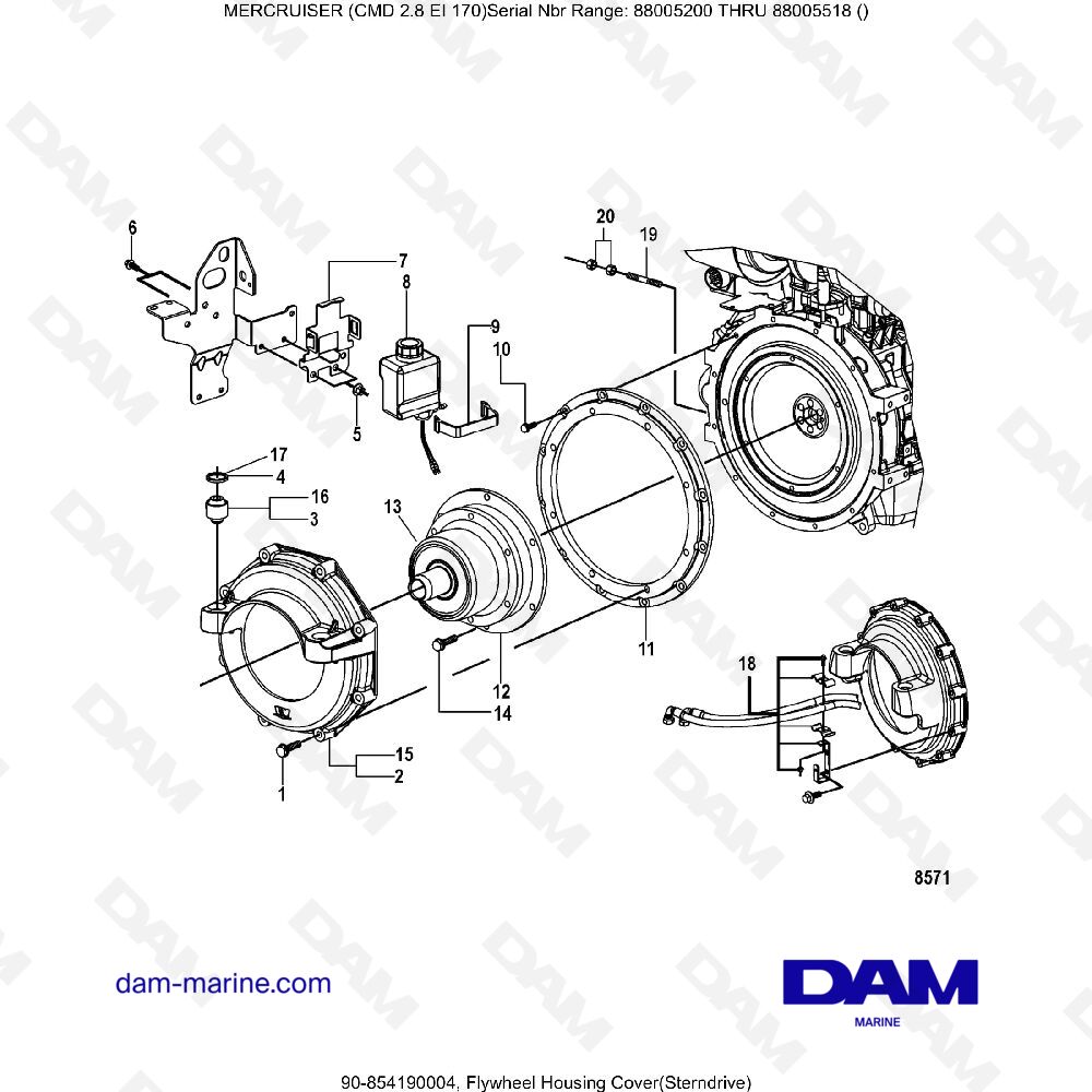 Vue éclatée FLYWHEEL COVER (OFF-OUT DRIVE) pour moteur MERCRUISER CMD 2.8 ES 170