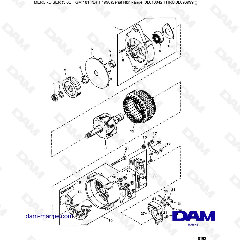 Vue éclatée ALTERNATORE pour moteur Mercruiser 3.0L après 1990