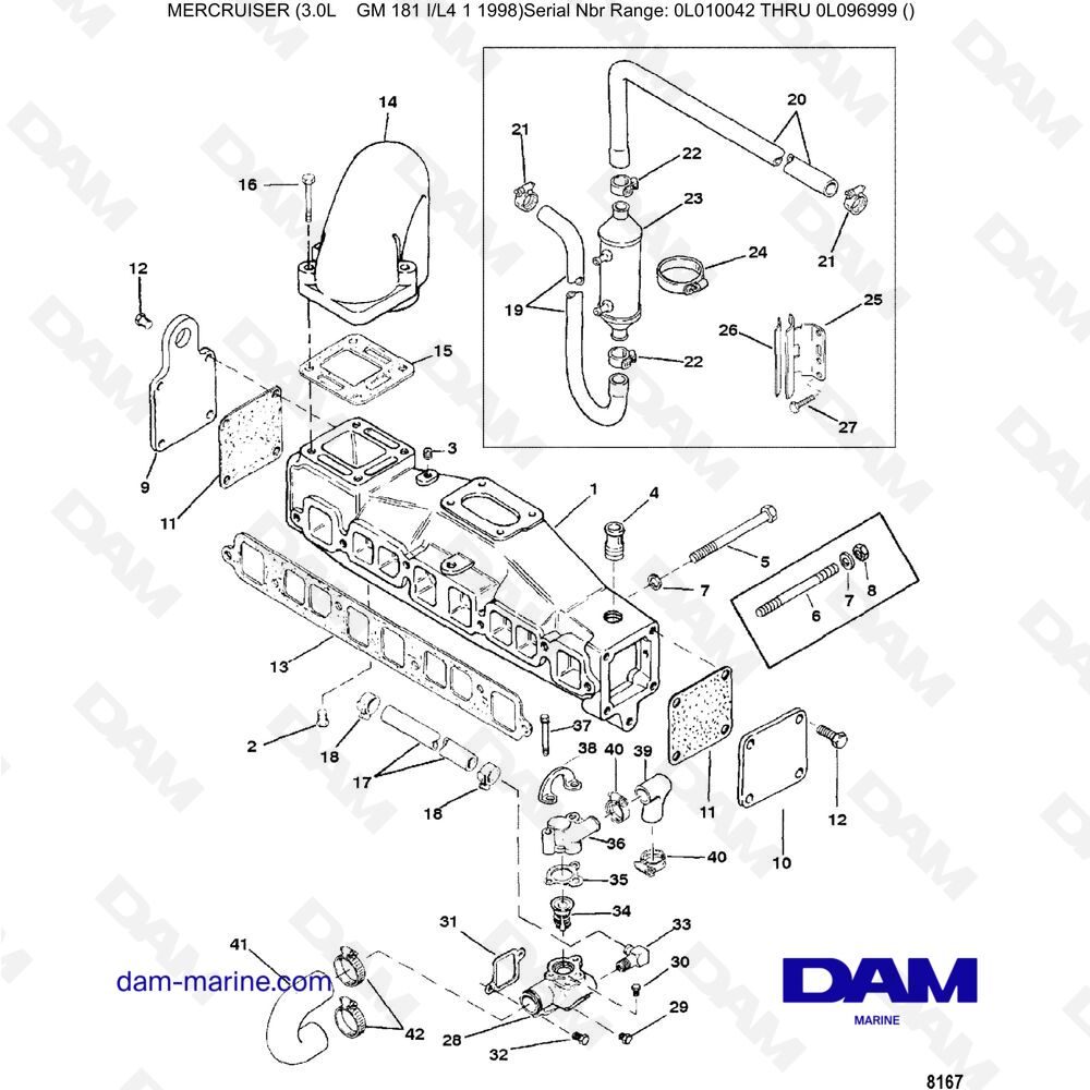 Vue éclatée COLLETTORE DI SCARICO E SISTEMA IDRICO pour moteur Mercruiser 3.0L après 1990