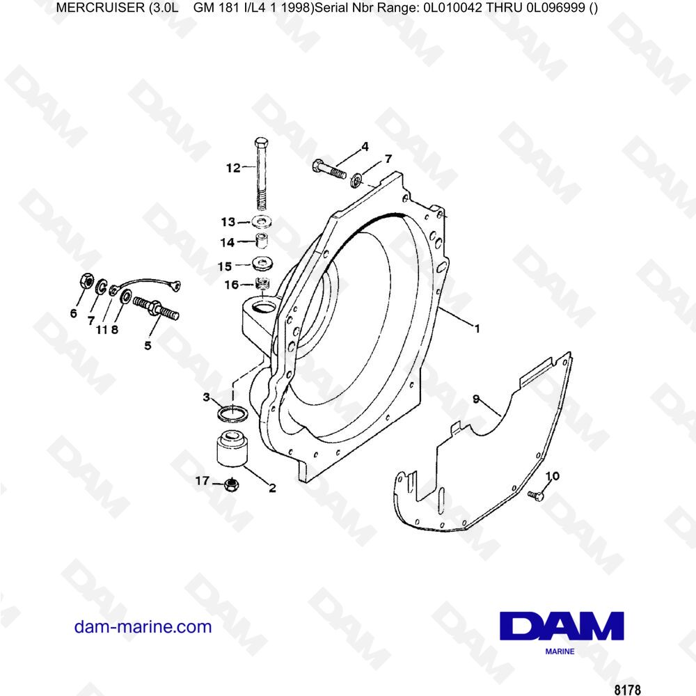 Vue éclatée ALLOGGIAMENTO DEL VOLANO pour moteur Mercruiser 3.0L après 1990