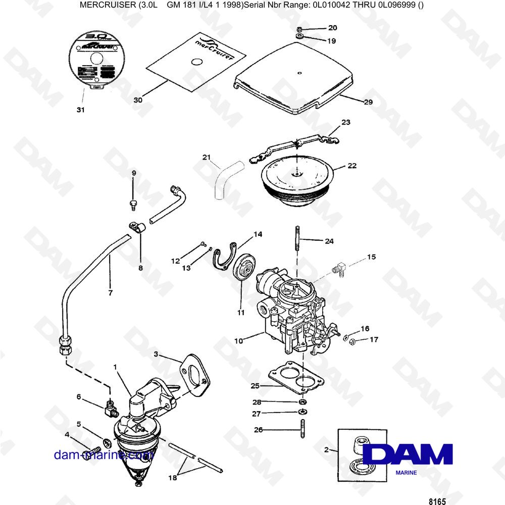 Vue éclatée POMPA DEL CARBURANTE E CARBURATORE pour moteur Mercruiser 3.0L après 1990