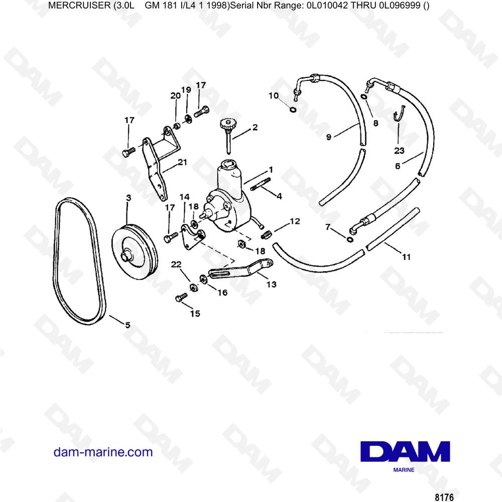 Vue éclatée GRUPPO POMPA SERVOSTERZO pour moteur Mercruiser 3.0L après 1990