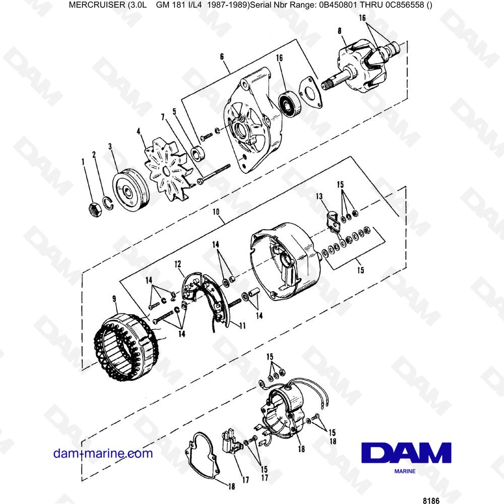 Vue éclatée ALTERNATORE (MANDO) pour moteur Mercruiser 3.0L avant 1990