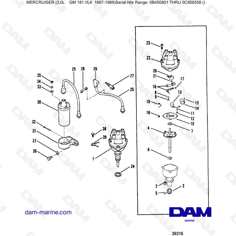 Vue éclatée COMPONENTI DI ACCENSIONE CONVENZIONALI pour moteur Mercruiser 3.0L avant 1990
