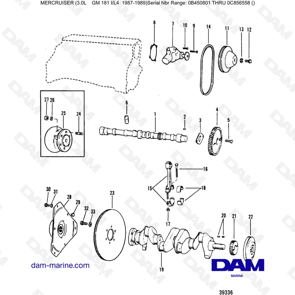 Vue éclatée ALBERO MOTORE, ALBERO A CAMME E POMPA DELL'ACQUA pour moteur Mercruiser 3.0L avant 1990