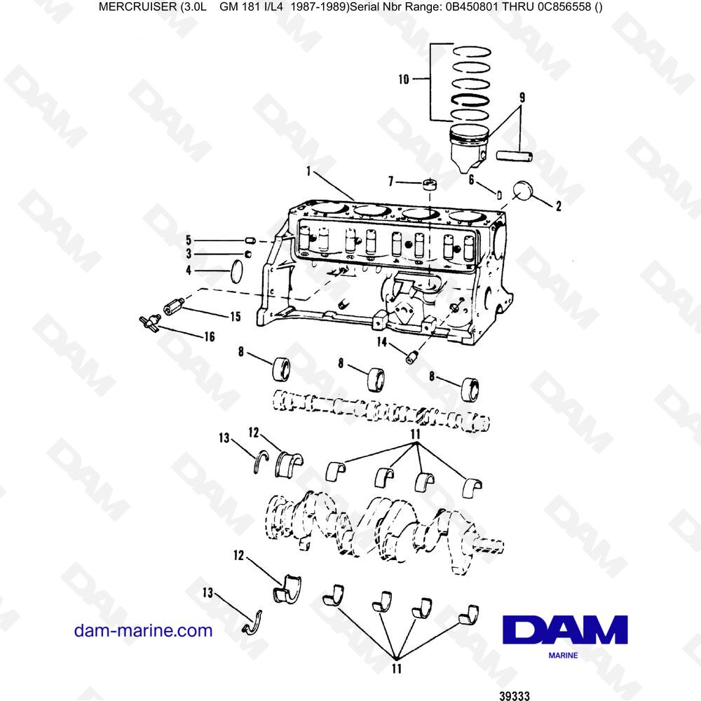 Vue éclatée BLOCCO CILINDRI, PISTONI E CUSCINETTI (2) pour moteur Mercruiser 3.0L avant 1990