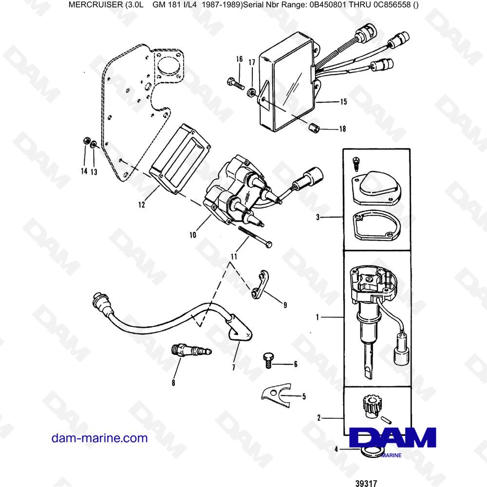 Vue éclatée COMPONENTI DI ACCENSIONE DIGITALE pour moteur Mercruiser 3.0L avant 1990