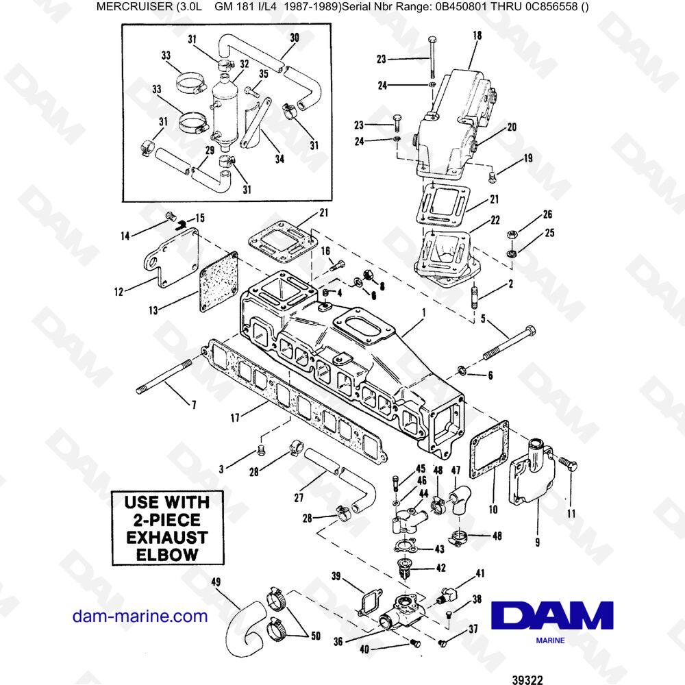 Vue éclatée COLLETTORE DI SCARICO, UTILIZZARE CON GOMITO DI SCARICO IN 2 PEZZI pour moteur Mercruiser 3.0L avant 1990