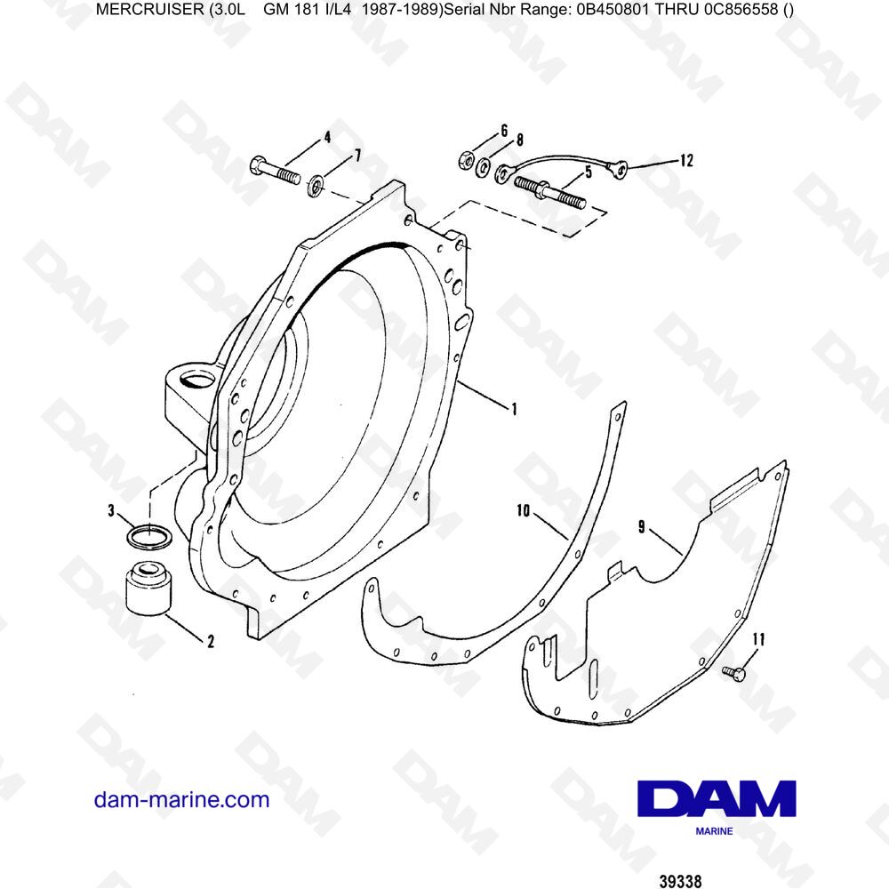Vue éclatée ALLOGGIAMENTO DEL VOLANO pour moteur Mercruiser 3.0L avant 1990
