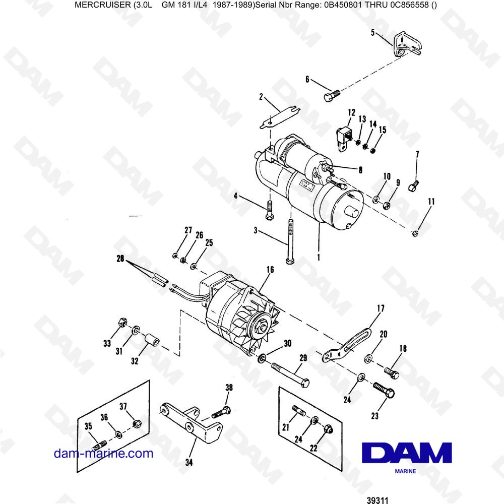 Vue éclatée MOTORINO DI AVVIAMENTO E ALTERNATORE pour moteur Mercruiser 3.0L avant 1990