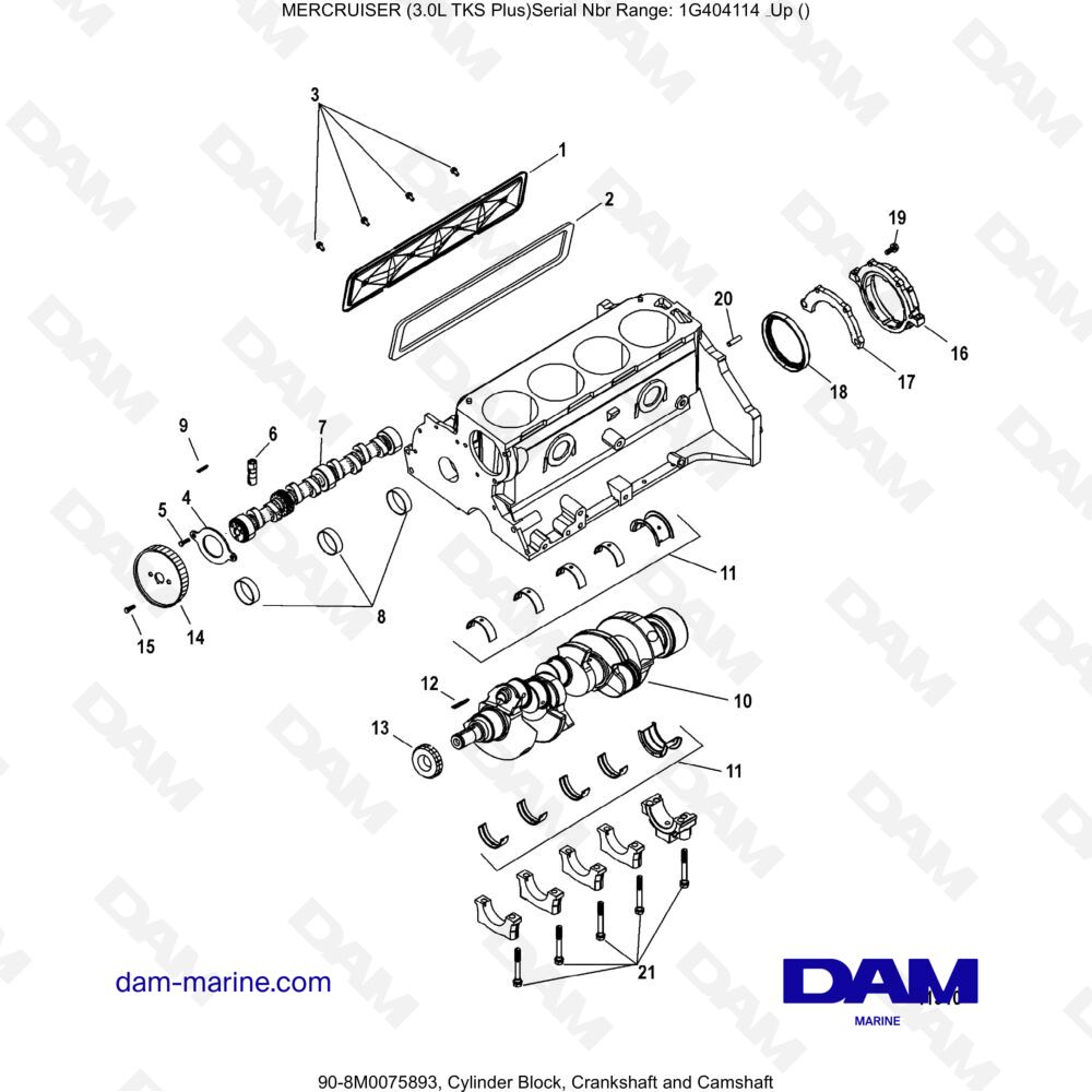 Vue éclatée CYLINDER BLOCK, CRANKSHAFT AND CAMSHAFT pour moteur MERCRUISER 3.0L TKS