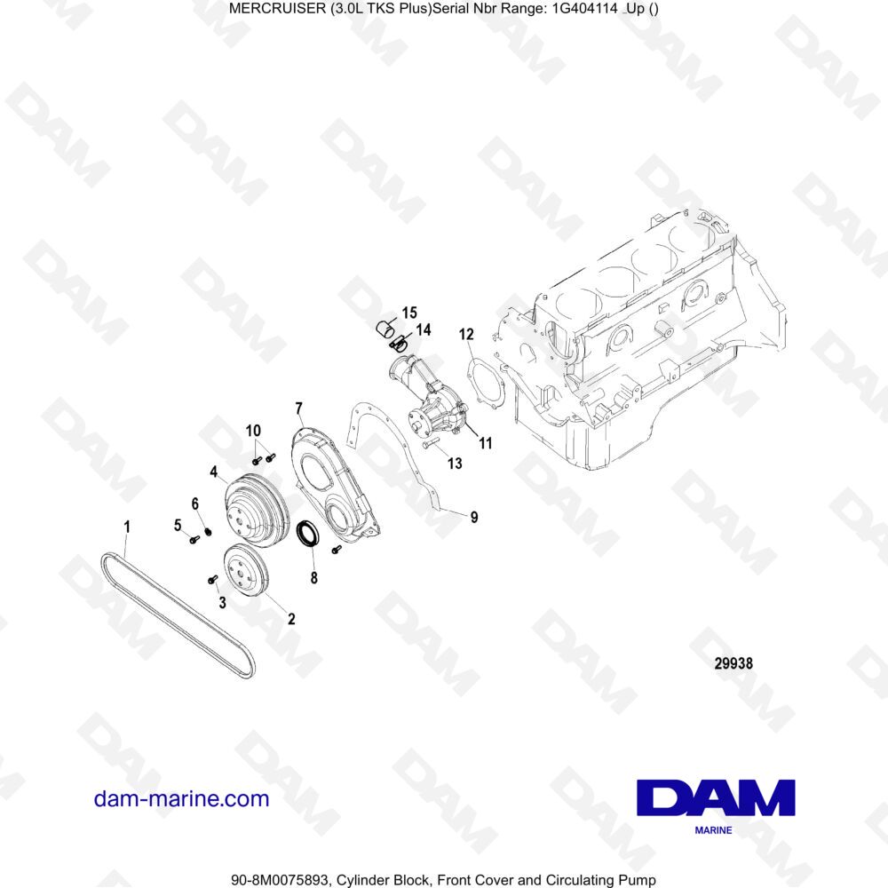 Vue éclatée CYLINDER BLOCK, FRONT COVER AND CIRCULATION PUMP pour moteur MERCRUISER 3.0L TKS