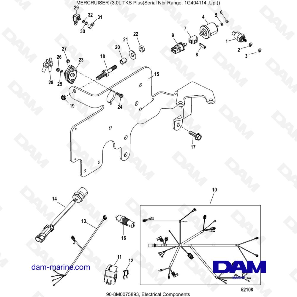 Vue éclatée ELECTRICAL COMPONENTS pour moteur MERCRUISER 3.0L TKS