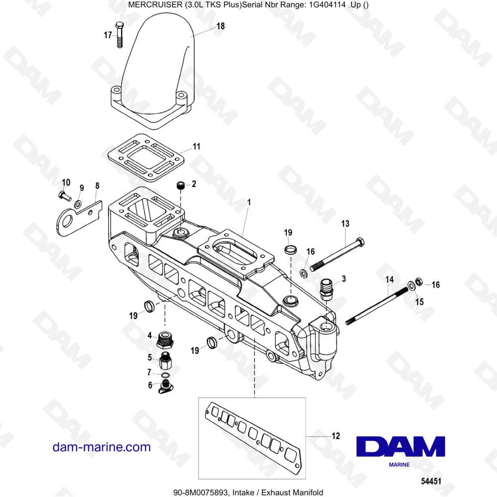 Vue éclatée INTAKE/EXHAUST MANIFOLD pour moteur MERCRUISER 3.0L TKS