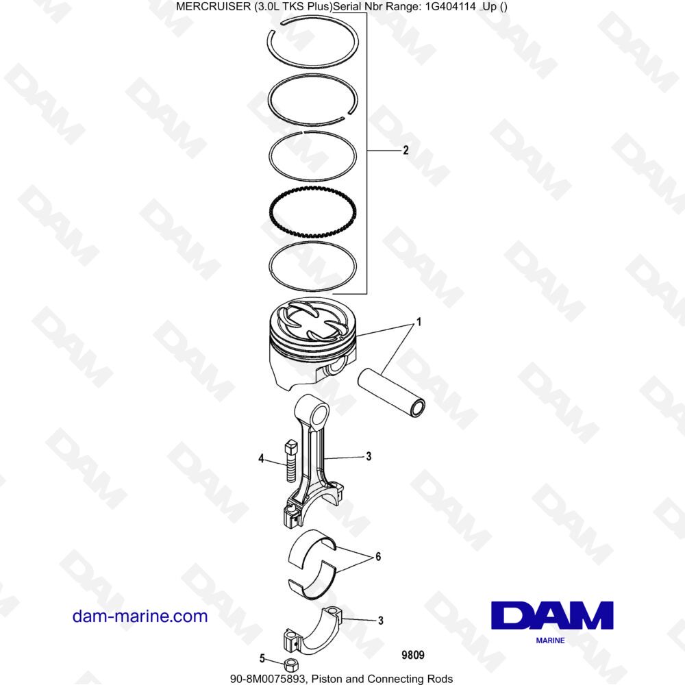 Vue éclatée PISTON AND CONNECTING RODS pour moteur MERCRUISER 3.0L TKS