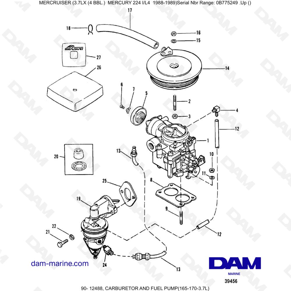 Vue éclatée CARBURETOR AND FUEL PUMP pour moteur MERCRUISER 3.7LX