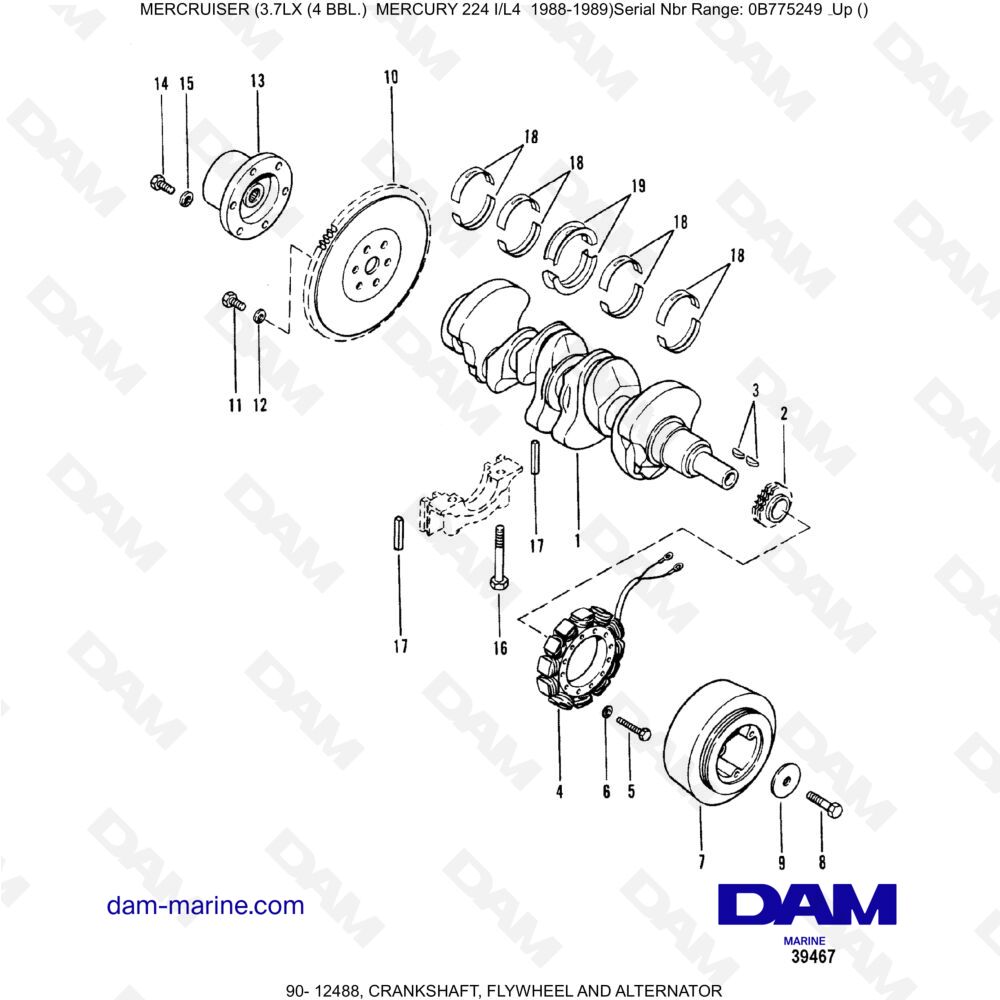Vue éclatée CRANKSHAFT, FLYWHEEL AND ALTERNATOR pour moteur MERCRUISER 3.7LX