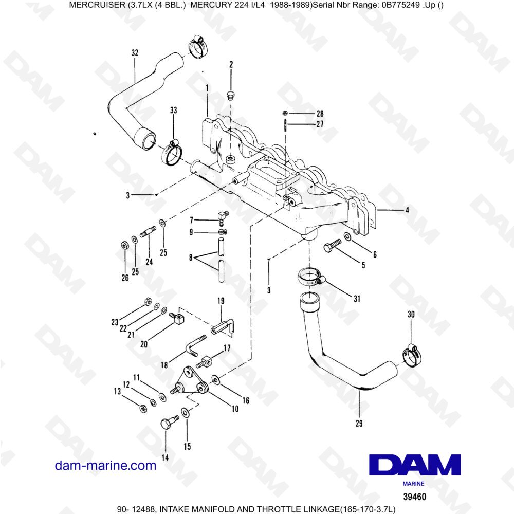 Vue éclatée INTAKE MANIFOLD AND THROTTLE LINKAGE pour moteur MERCRUISER 3.7LX