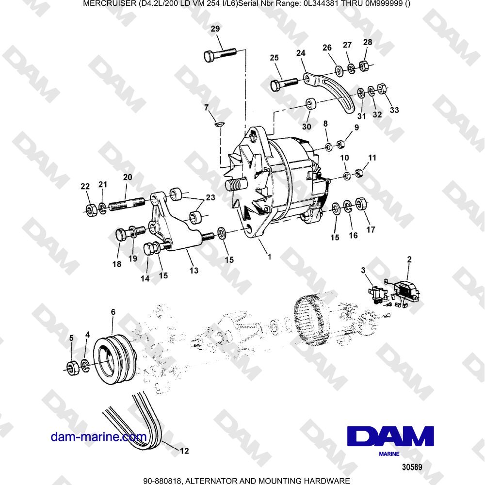 Vue éclatée ALTERNATORE E FERRAMENTA DI MONTAGGIO pour moteur Mercruiser 4.2L 200 LD