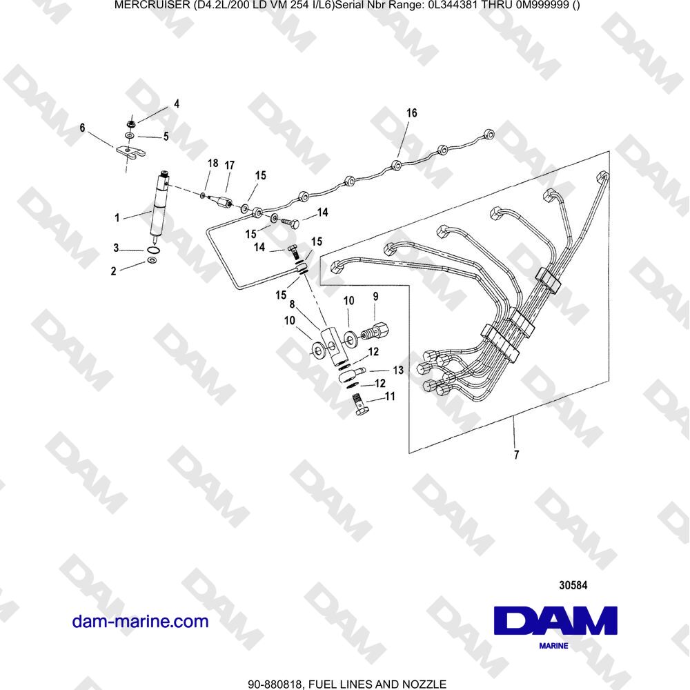 Vue éclatée TUBAZIONI E UGELLO DEL CARBURANTE pour moteur Mercruiser 4.2L 200 LD