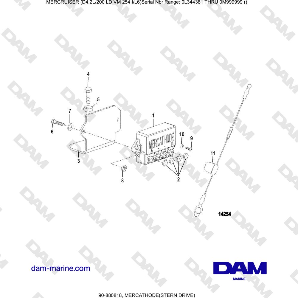 Vue éclatée MERCATHODE (STERN DRIVE) pour moteur Mercruiser 4.2L 200 LD
