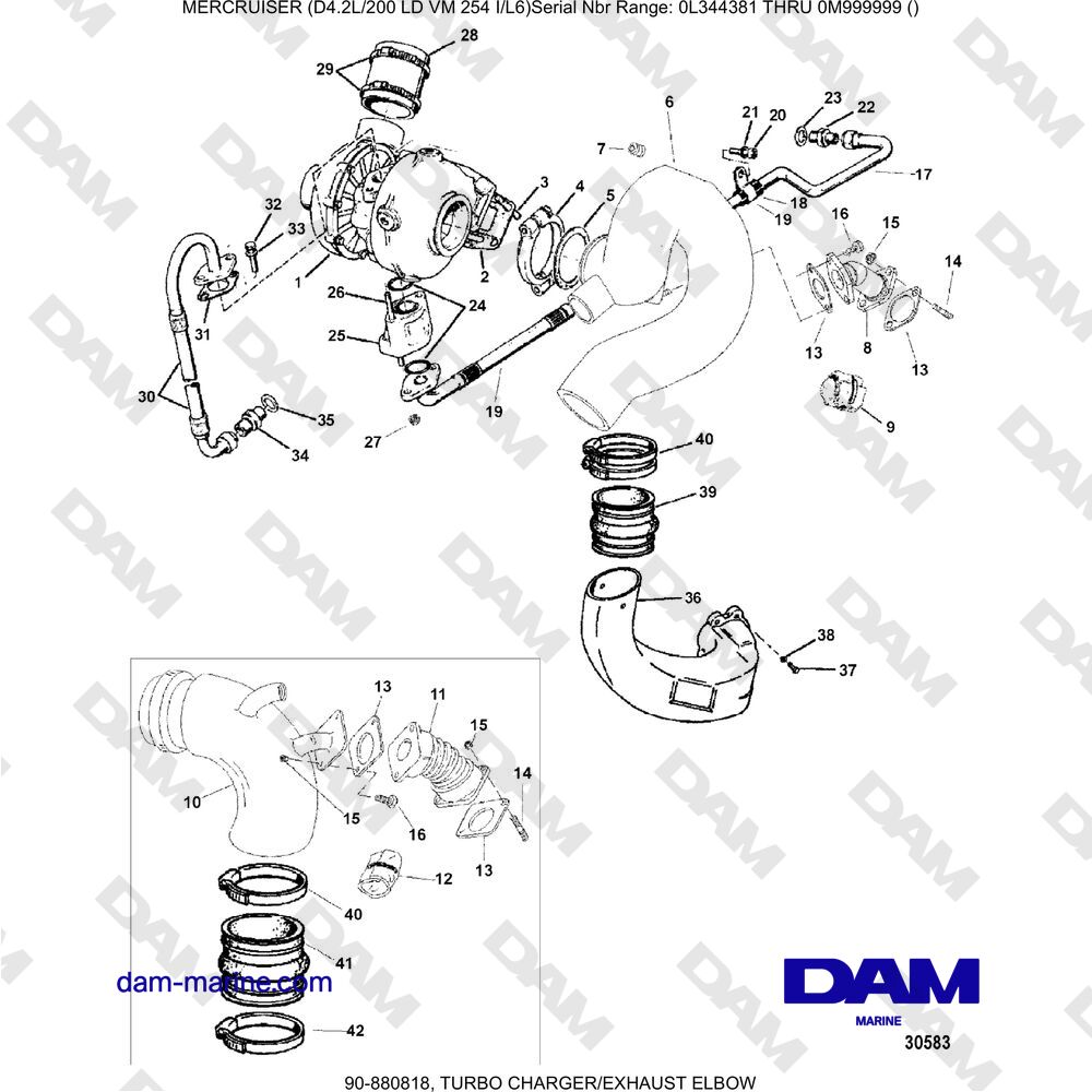Vue éclatée GOMITO TURBOCOMPRESSORE/SCARICO pour moteur Mercruiser 4.2L 200 LD