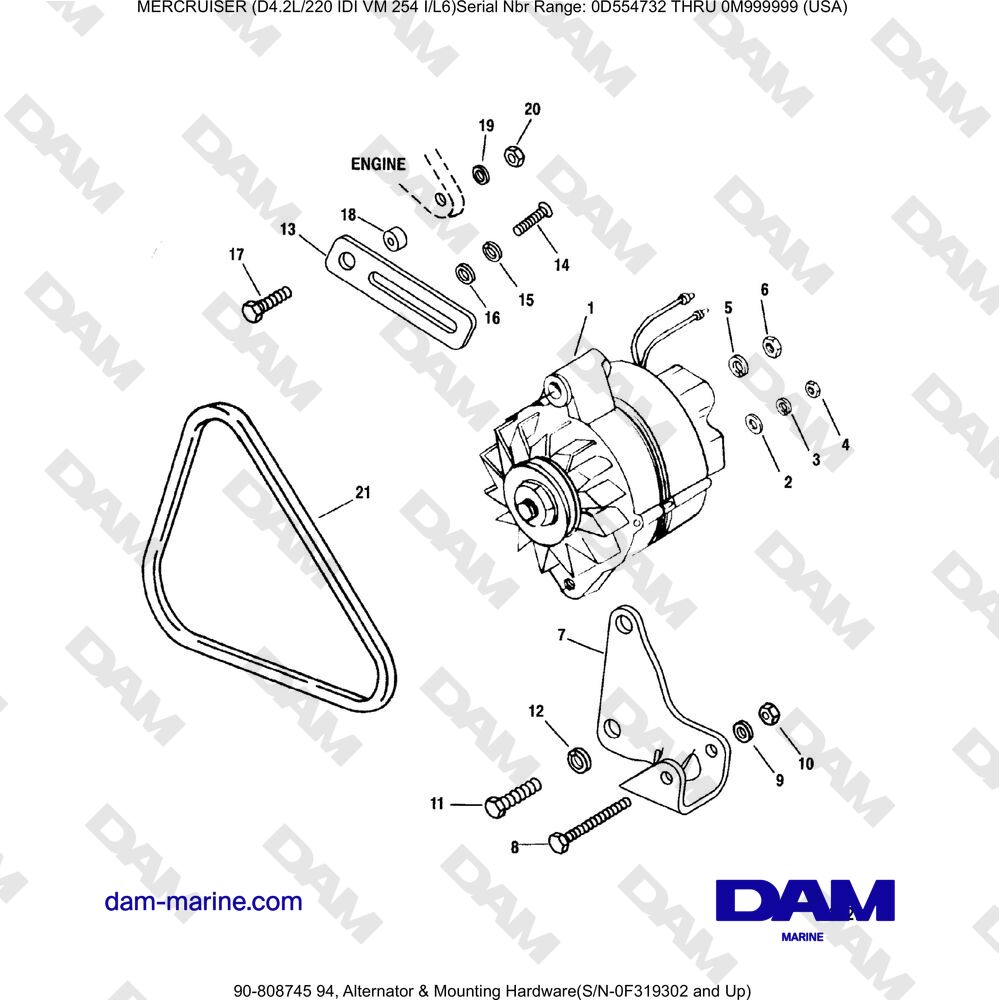 Vue éclatée ALTERNATOR AND MOUNTING HARDWARE (SERIAL NO. 0F319302 AND ABOVE) pour moteur Mercruiser 4.2L 220 IDI