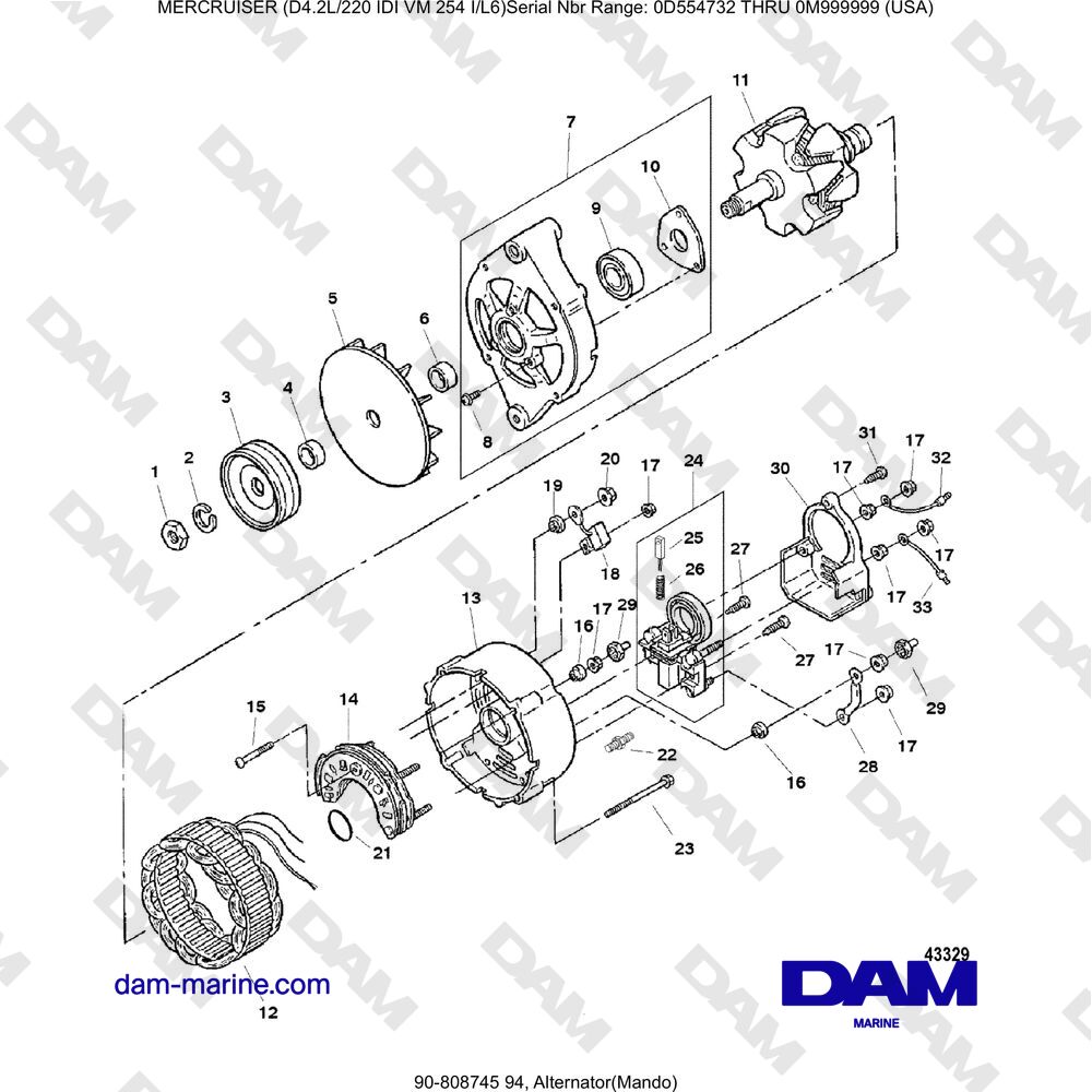 Vue éclatée ALTERNATOR (MANDO) pour moteur Mercruiser 4.2L 220 IDI