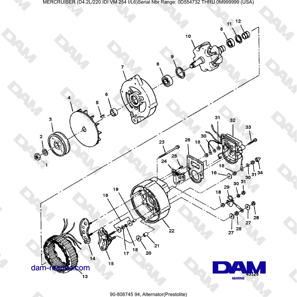 Vue éclatée ALTERNATOR (PRESTOLITE) pour moteur Mercruiser 4.2L 220 IDI
