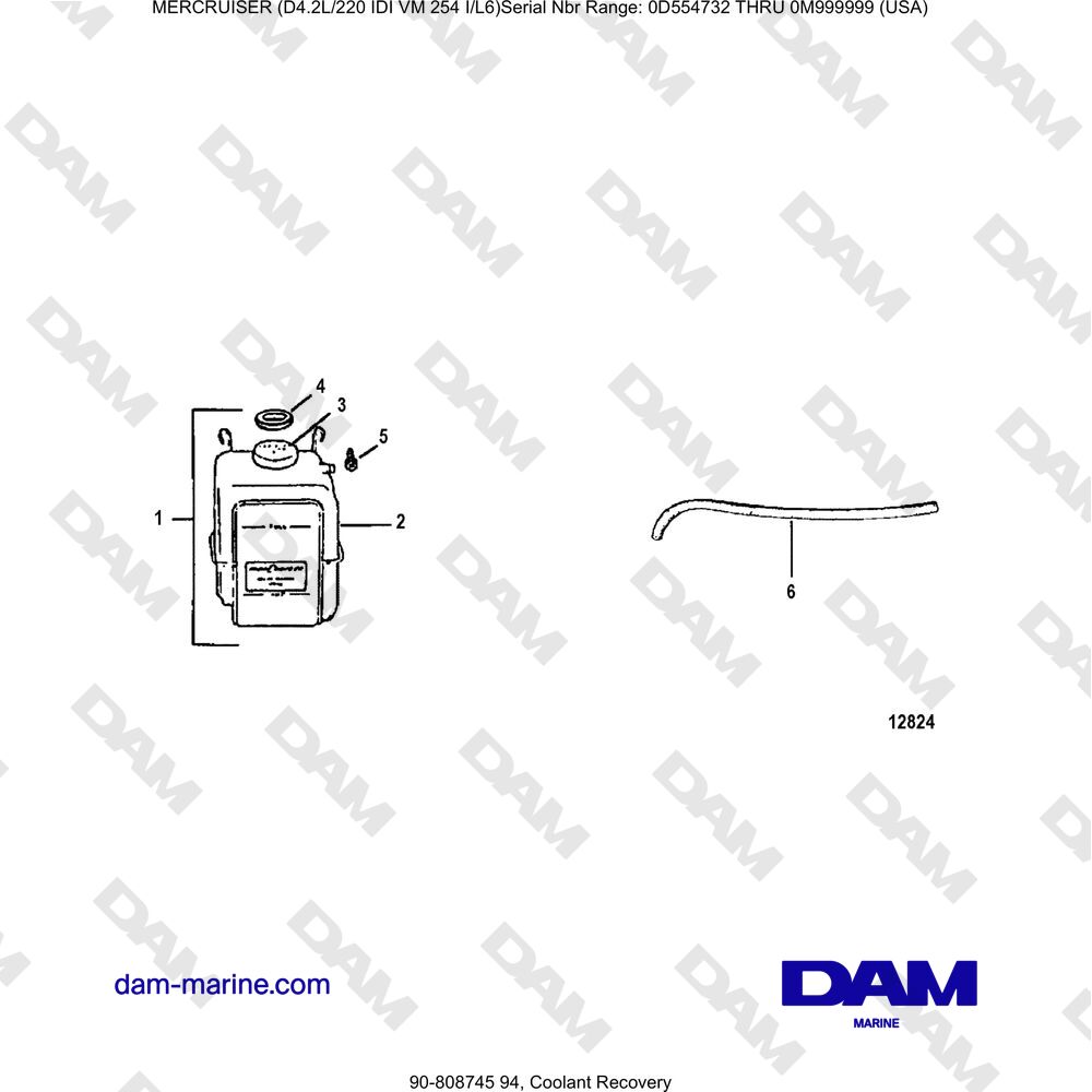 Vue éclatée COOLANT RECOVERY pour moteur Mercruiser 4.2L 220 IDI