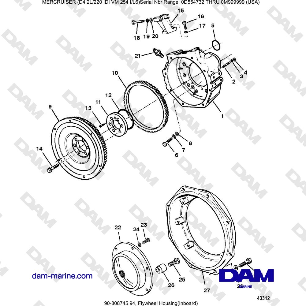 Vue éclatée FLYWHEEL HOUSING (INTERIOR) pour moteur Mercruiser 4.2L 220 IDI